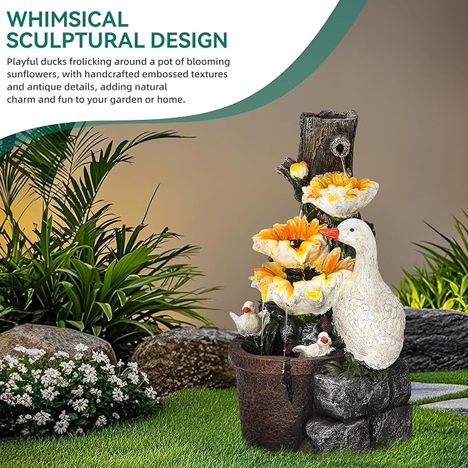AUTODAYA 19" Sunflower & Duck Water Fountain Indoor Outdoor with LED Lights | 4-Tier Cascading Waterfalls, Rustic Decor for Garden, Yard, Patio, Flowerbed & Farmhouse