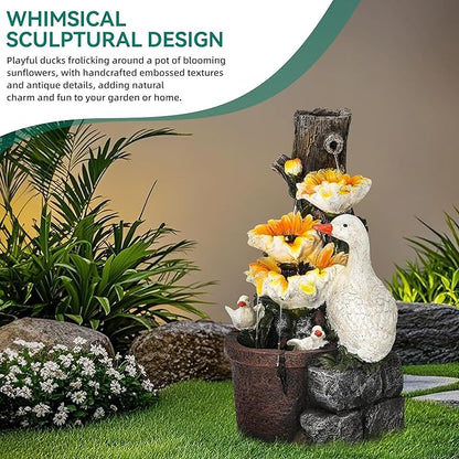 AUTODAYA 19" Sunflower & Duck Water Fountain Indoor Outdoor with LED Lights | 4-Tier Cascading Waterfalls, Rustic Decor for Garden, Yard, Patio, Flowerbed & Farmhouse