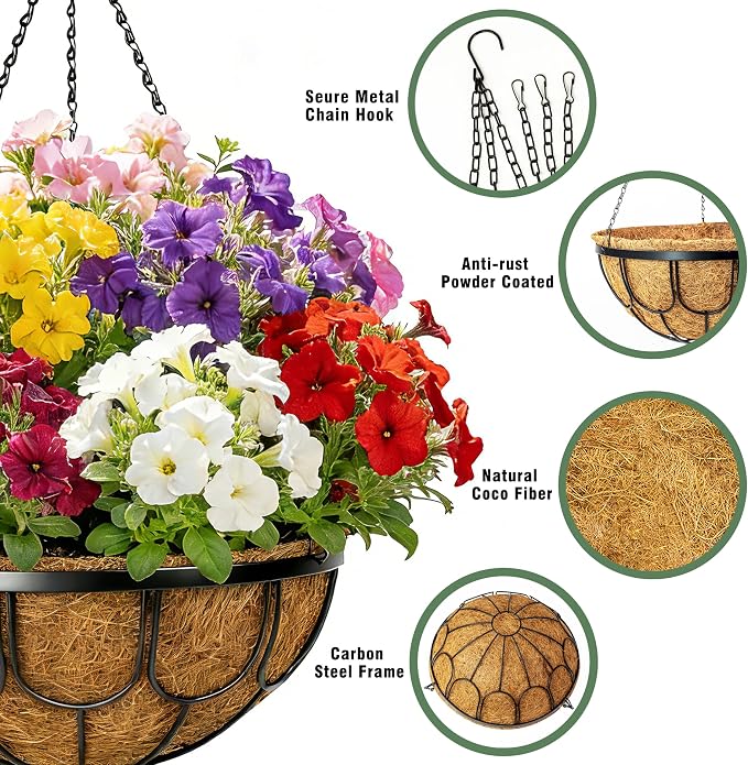 4 Pack 14 Inch Hanging Planters for Outdoor Plants, Black Metal Wire Hanging Flower Baskets with Coco Coir Liner, Large Hanging Plant Pots for Garden, Patio, Balcony, Indoor Home Decor