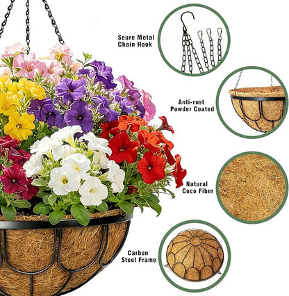 4 Pack 14 Inch Hanging Planters for Outdoor Plants, Black Metal Wire Hanging Flower Baskets with Coco Coir Liner, Large Hanging Plant Pots for Garden, Patio, Balcony, Indoor Home Decor