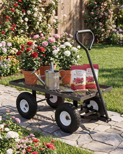 GarveeTech 400LBS Heavy Duty Steel Garden Cart, Garden Wagon Cart on Wheels, Metal Yard Utility Wagon with Removable Mesh Sides, 10" All Terrain Tires, 180° Rotating Handle for Lawn, Garden, Farm