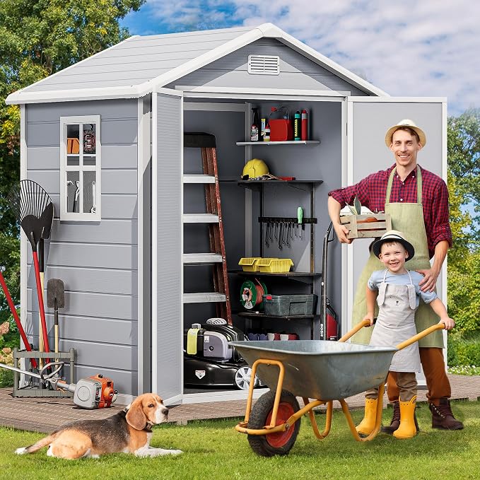 DWVO 6x4.4 FT Resin Storage Shed with Reinforced Floor, Outdoor Storage Shed with Lockable Door, Window and Vents, Waterproof Plastic Tool Shed for Garden, Backyard, Patio, Lawn
