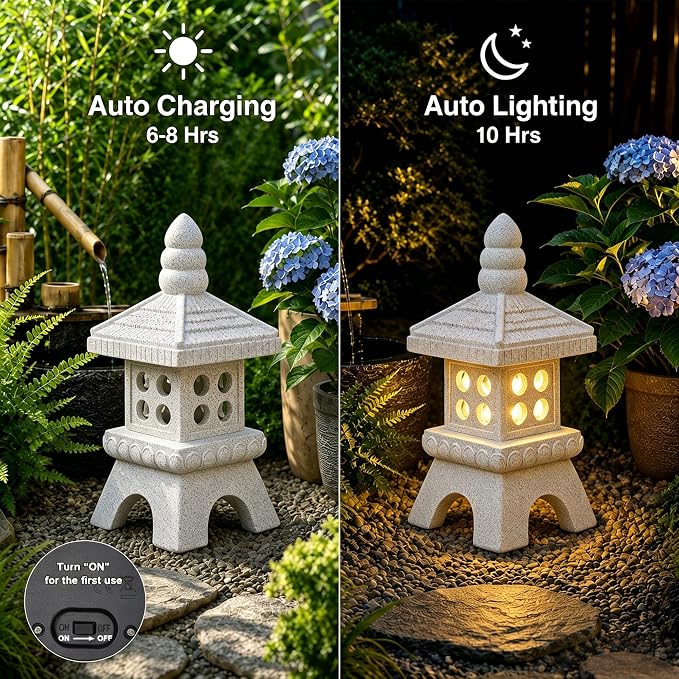 Nacome Solar Pagoda Garden Statues: 11.5 inches Outdoor Weatherproof Resin Zen Decor for Landscape Balcony Patio Porch Yard Ornament(Gray)