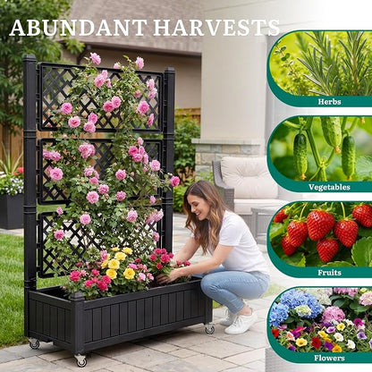 YITAHOME 43.3x17.7x61 in Planter Trellis Box with Wheels & Drain Plug, Outdoor Resin Raised Garden Bed for Climbing Plants, Large Weather-Resistant Design, Black