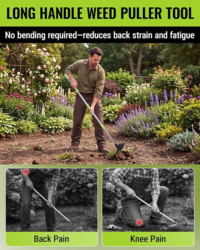 WORKPRO Weed Puller Tool with Long Handle, 2-in-1 Garden Hoe & Weed Rake | 29"-56" Adjustable Manual Weeding Tool, Uprooting Weed Remover Gardening Weeder Tools for Yard, Lawn, Patio and Garden