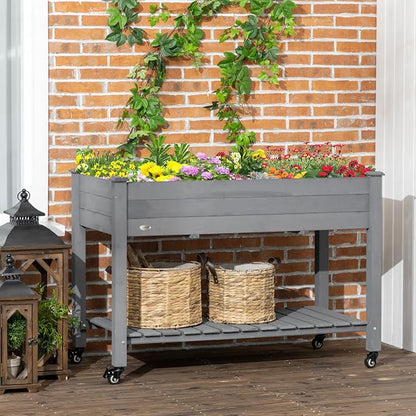 Outsunny Raised Garden Bed, 47" x 22" x 33", Elevated Wooden Planter Box w/Lockable Wheels, Storage Shelf, and Bed Liner for Backyard, Patio, Dark Gray