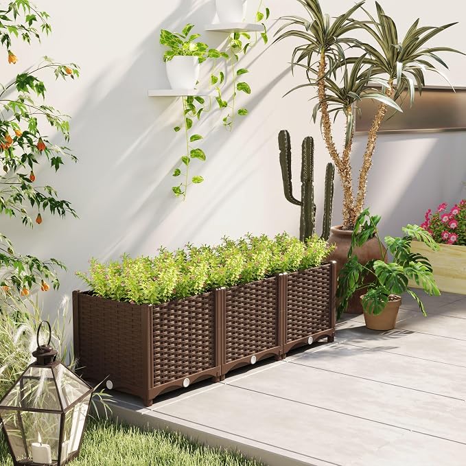 Outsunny Plastic Raised Garden Bed, 47.2" x 15.7" x 14.6" Outdoor Planter Box with Drainage Holes for Garden, Patio, Balcony, Deck, Brown