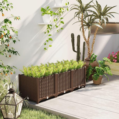 Outsunny Plastic Raised Garden Bed, 47.2" x 15.7" x 14.6" Outdoor Planter Box with Drainage Holes for Garden, Patio, Balcony, Deck, Brown