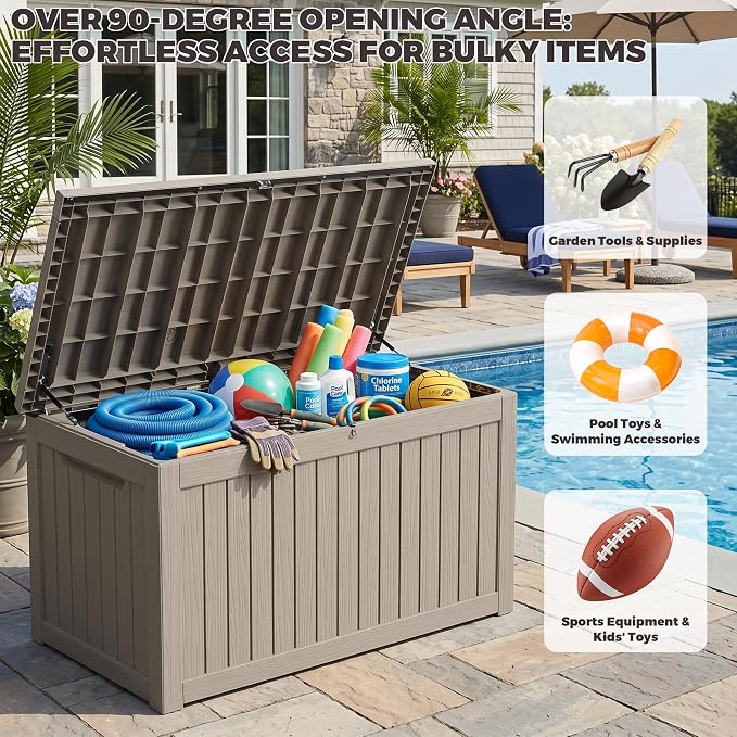 Outdoor Storage Box, 270 Gallon Waterproof Deck Box [Upgraded 3.1], Giant Resin Storage for Large Cushions, Heavy Duty Outside Lockable Bench Seat, Large Backyard Party, Grey