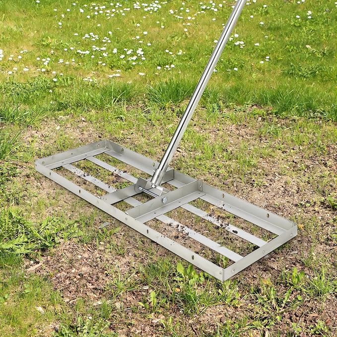 Towallmark 36"×10" Lawn Leveling Rake, Stainless Steel Leveler Rake 180° Flexible Rotation & 6FT Extra Long Handle, Heavy-Duty Landscape Rake Tool for Backyard, Garden, Farm, Golf Course, Pasture