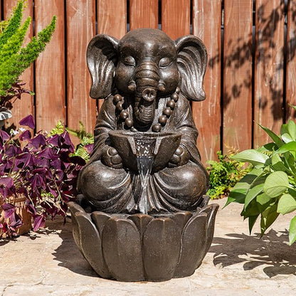 Glitzhome Outdoor Fountains, Water Fountains Outdoor with Lights&Pump, 21.75" H 2-Tiered Zen-Style Bronze Polyresin Elephant Garden Fountain Floor Standing Waterfall for Patio, Porch, or Yard Decor