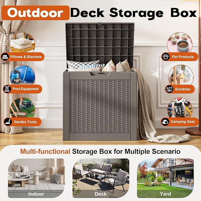 Outdoor Storage Box, Resin Deck Boxes Indoor and outdoor, Waterproof Storage Box Lockable Lid (Grey, 35 Gallon)