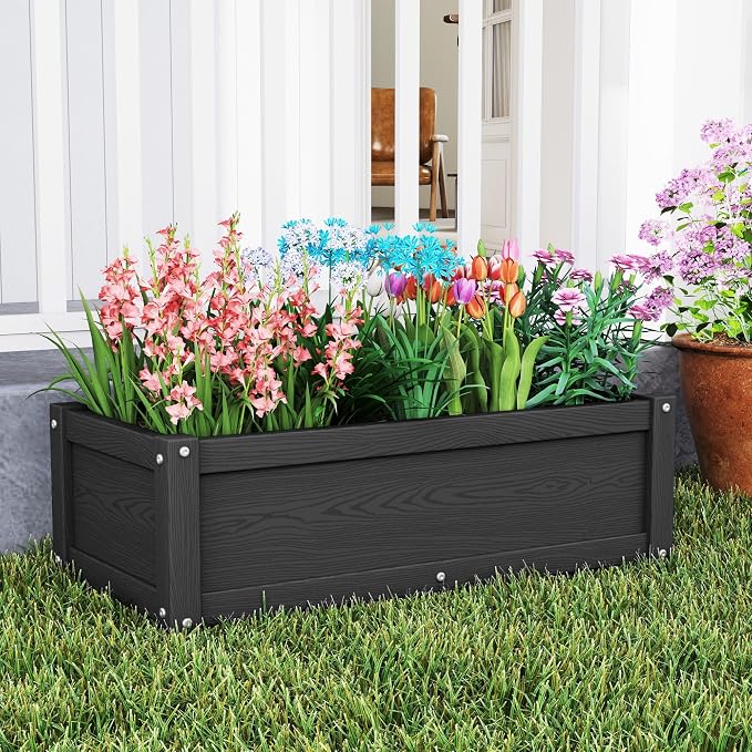 HDPE Raised Planter Box Outdoor,Rot-Resistant and Non-Cracking,Small Raised Beds for Gardening 29.5 * 14.4 * 9.8 in for Yard,Lawn,Outdoor Planter Boxes Rectangle with Drainage Holes Black