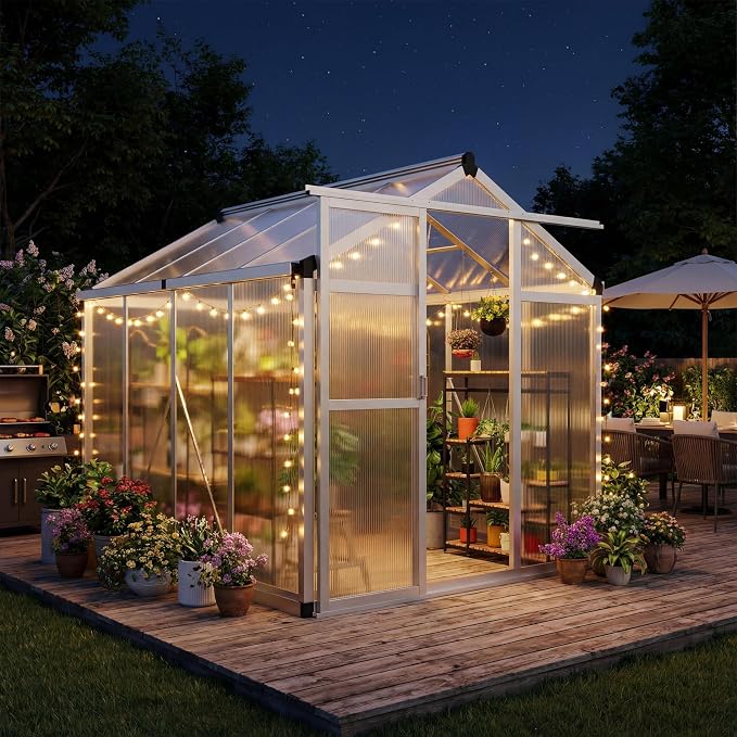 Garvee 6x8ft Walk-in Greenhouse, Heavy Duty Large Outdoor Green House | Polycarbonate Garden Greenhouse with Roof Vent, Lockable Smooth-Gliding Sliding Door & Aluminium Frame for Backyard, Sliver