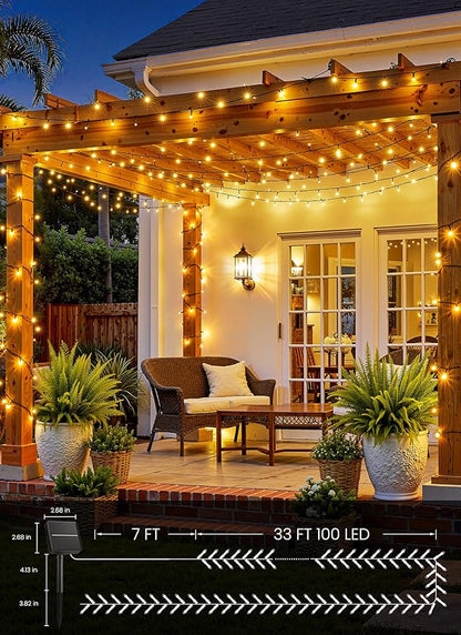Brightown Solar String Lights Outdoor, 40FT 100 LED Solar Powered String Lights Waterproof with 8 Modes, Auto On/Off, Patio Lights for Outside Tree Garden Balcony Party Decor (Warm White)