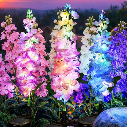 GIGALUMI Solar Lights Outdoor for Garden Decor, 3 Pack Solar Flower Lights Waterproof, 2 Lighting Modes Delphinium for Pathway,Yard, Patio, 4th of July Decoration, Gifts for Women (Multi-Colored)