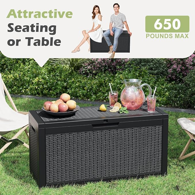 Outdoor Storage Box, 72 Gallon Resin Deck Boxes Outdoor Waterproof For Patio Furniture, Garden Tools, Pool Supplies, Lockable And UV Resistant (Rattan Black)