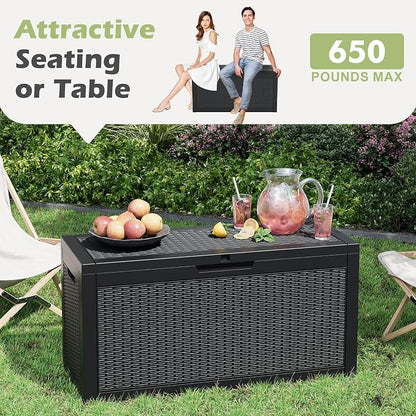 Outdoor Storage Box, 72 Gallon Resin Deck Boxes Outdoor Waterproof For Patio Furniture, Garden Tools, Pool Supplies, Lockable And UV Resistant (Rattan Black)