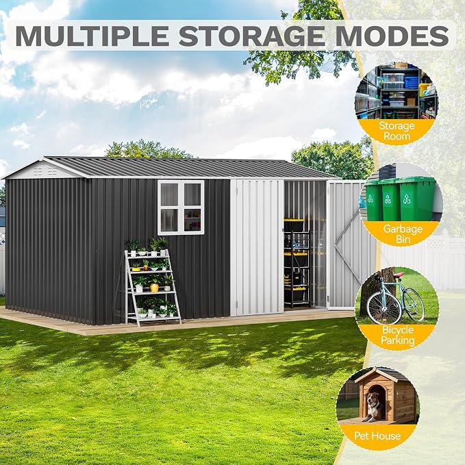 DWVO 12x8ft Metal Outdoor Storage Shed with Window, Lockable Tool Storage Sheds, Oversized Steel Garden Sheds with Sloped Roof for Backyard, Patio, Garage, Lawn, Gray & White