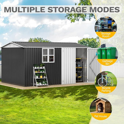 DWVO 12x8ft Metal Outdoor Storage Shed with Window, Lockable Tool Storage Sheds, Oversized Steel Garden Sheds with Sloped Roof for Backyard, Patio, Garage, Lawn, Gray & White