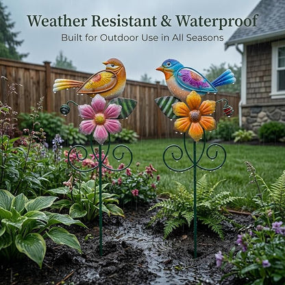 Topadorn Set of 2 Metal Bird & Flower Garden Stakes, Hand-Painted Decorative Yard Art for Planters, Flower Beds & Patio, 16 Inch
