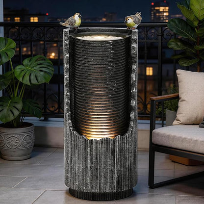32" Cracked Jar Outdoor Water Fountain LED Bird Cascading Waterfall | 3D concrete texture, bird accents, garden patio deck,Oasis for Porch