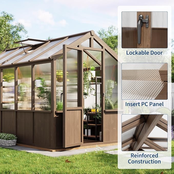 Garvee 6x10 FT Wooden Greenhouse - Walk-in Greenhouses for Outdoors, Large Spruce Frame Green House with PC Panels, Adjustable Roof Vents & Lockable Door, Green Houses for Garden,Backyard,Patio,Lawn