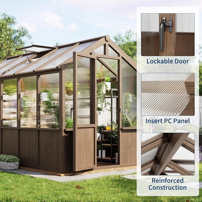Garvee 6x10 FT Wooden Greenhouse - Walk-in Greenhouses for Outdoors, Large Spruce Frame Green House with PC Panels, Adjustable Roof Vents & Lockable Door, Green Houses for Garden,Backyard,Patio,Lawn