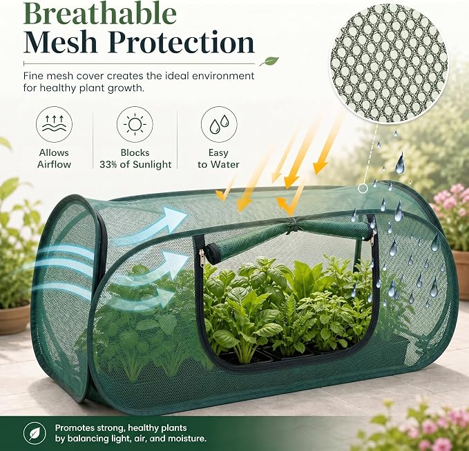 2 Pack Pop Up Mesh Plant Cover, 33% Sunblock Garden Covers for Raised Beds, Breathable Garden Netting for Raised Beds with 8 Stakes for Protecting Seedlings Fruits(44 x 22 x 17.5 in)