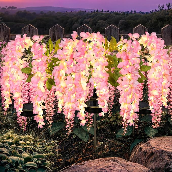 GIGALUMI Solar Lights Outdoor for Garden Decor, 3 Pack Solar Flower Lights Waterproof, 2 Lighting Modes Wisteria for Pathway,Yard, Patio Decoration, Gardening Gifts for Women (Pink)