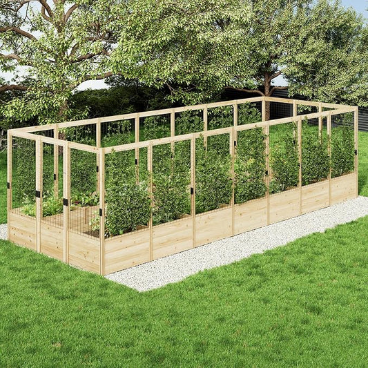 AMERLIFE Outdoor Raised Garden Bed with Deer Proof Fence, Wooden Raised Garden Bed with 19" Depth Planter Box, 7.5Wx20Dx6H Planter with Fence