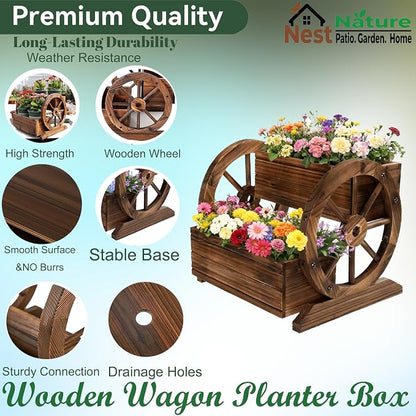 NestNature Wooden Wagon Planter Box|Raised Garden Bed W/Wheels for Plants | 2 Tier Classic Rustic Flower Pot Use Indoor&Outdoor Decor On Patio,Porch,Garden-Outdoor Planter For Flowers,Herbs,Vegetables