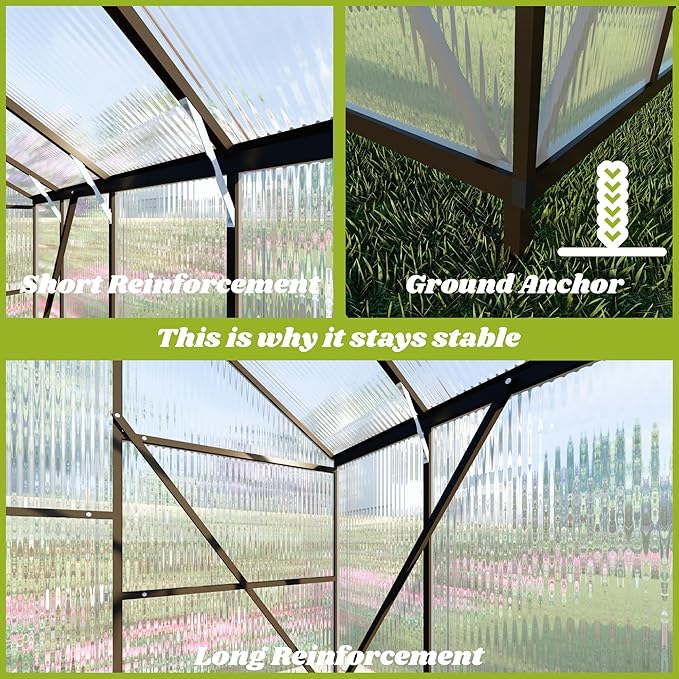 8x12 FT Greenhouse for Outdoors, Polycarbonate Greenhouse with Quick Setup Structure and Roof Vent, Aluminum Large Walk-in Green House for Outside Garden Backyard, Charcoal Black