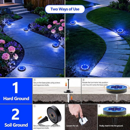 Joomer 2-in-1 Solar Lights Outdoor Waterproof, 16 Pack 8 LED, Blue | Solar Powered Garden Lights Ground Disc Landscape Lighting for Patio Pathway Lawn Yard Driveway Walkway Deck Step