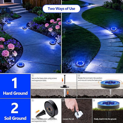 Joomer 2-in-1 Solar Lights Outdoor Waterproof, 8 Pack 8 LED, Blue | Solar Powered Garden Lights Ground Disc Landscape Lighting for Patio Pathway Lawn Yard Driveway Walkway Deck Step