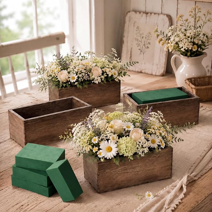 Havawish 5 Sets 10 x 4 x 4 in Wood Rectangular Planter Boxes Bulk Wood Flower Box Centerpiece Vases with Floral Foam Blocks Rustic Flower Pot Indoor Window for Wedding Arrangement