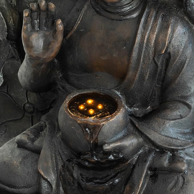 28" H Outdoor Buddha Waterfall Fountain, Freestanding Zen Style LED Water Feature with Relaxing Cascading Flow, Resin Asian Decor for Patio Garden Backyard Deck Home