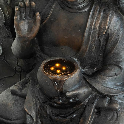 28" H Outdoor Buddha Waterfall Fountain, Freestanding Zen Style LED Water Feature with Relaxing Cascading Flow, Resin Asian Decor for Patio Garden Backyard Deck Home