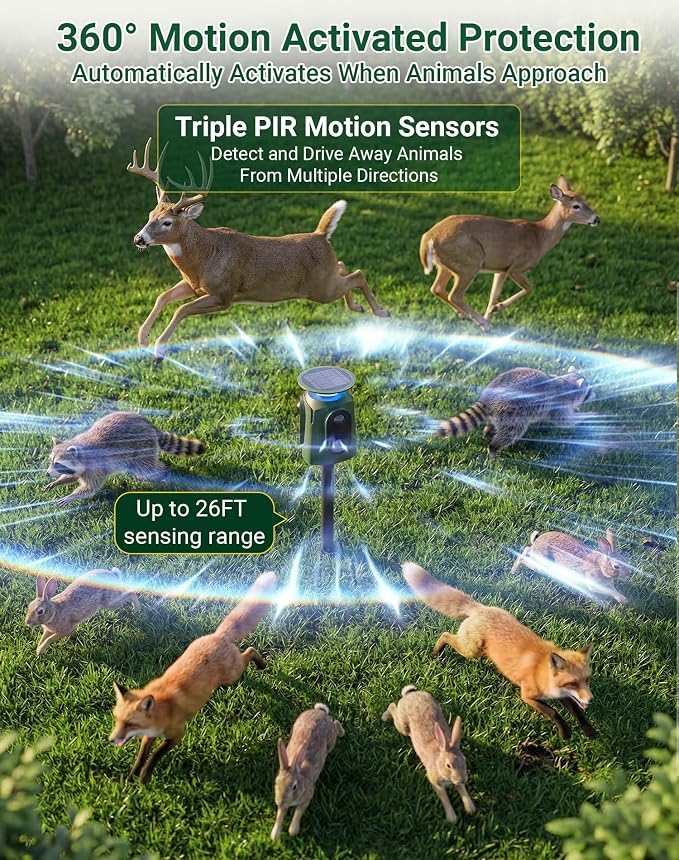 360° Solar Deer Repellent Devices, Motion Activated Ultrasonic Animal Repeller with Flashing Lights, Waterproof Cat Repellent Outdoor, Repel Dog, Raccoon & Coyote Out of Garden - USB Rechargeable