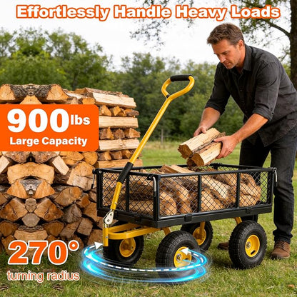DIAMONDFORGE 900lbs Heavy Duty Garden Cart, Steel Garden Wagon Cart with Fixedable Rotating Handle for Backyard, Utility Yard Wagon with 10" All Terrain Tires, Mesh Removable Sides