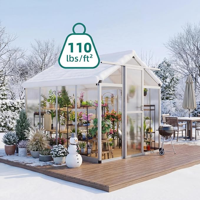 Garvee 6x8ft Walk-in Greenhouse, Heavy Duty Large Outdoor Green House | Polycarbonate Garden Greenhouse with Roof Vent, Lockable Smooth-Gliding Sliding Door & Aluminium Frame for Backyard, Sliver