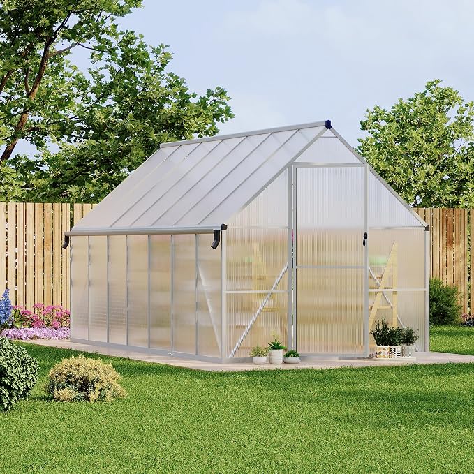 GarveeLife 8X14FT Polycarbonate Greenhouse with Aluminum Frame, Polycarbonate Greenhouse for Outdoors, Greenhouses with Ventilation and Rain Gutter, Aluminum Large Walk-in Greenhouses for Outside