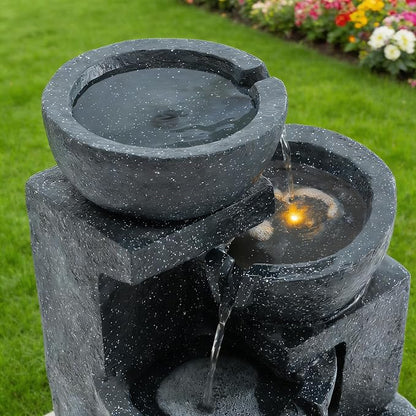 29" H Terrazzo Style Outdoor Water Fountain, 4-Tier Cascading Bowls with Stacked Stone Design and LED Lights, Freestanding Resin Water Feature for Garden Patio Porch