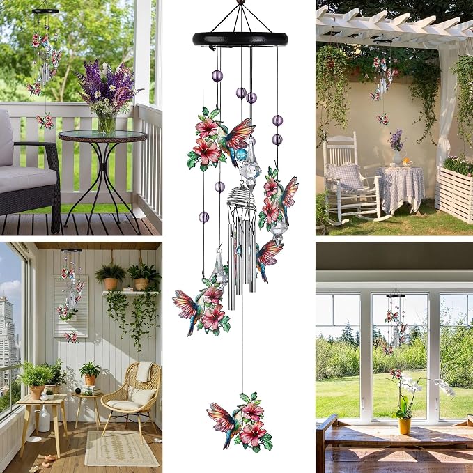 YU FENG Hummingbird Memorial Wind Chime, Crystal Suncatcher Garden Decor | 27 Inch Pink Metal Wind Chime, Hummingbird Design, Sympathy Gift For Women Mom Grandma, Outdoor Hanging Decor