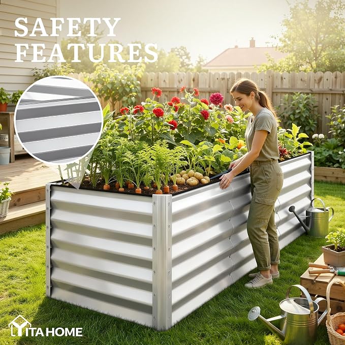 YITAHOME 8x4x3ft Large Raised Garden Bed Kit, Galvanized Metal Planter Box with Gloves, Support Rod & Safety Rubber, Outdoor Above Ground Planters for Plants Vegetables Flowers,Silver Gray