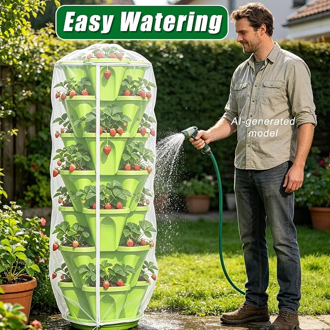 2 Pcs Vertical Plant Pot Insect Netting with Zipper, 59 x 32.4 Inch Garden Netting 7 Tier Stackable Strawberry Planter Cover Bird Barrier Protection Mesh for Tomato Flower Strawberry
