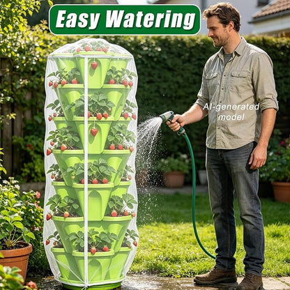 2 Pcs Vertical Plant Pot Insect Netting with Zipper, 59 x 32.4 Inch Garden Netting 7 Tier Stackable Strawberry Planter Cover Bird Barrier Protection Mesh for Tomato Flower Strawberry