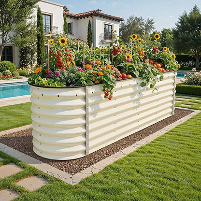 YITAHOME 8x2x2ft Galvanized Oval Raised Garden Bed, Metal Planter Box with Safety Rubber, Gloves, Outdoor Flower Bed for Planting Plants Vegetables, Cream Yellow