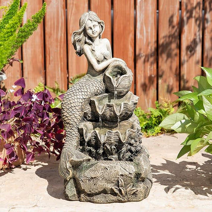 Glitzhome Water Fountain Outdoor, Outdoor Fountain with Lights & Pump, 22.25" H 4-Tiered Concrete Mermaid Polyresin Waterfall Floor Standing Water Feature for Garden, Patio, Yard, Deck, Porch