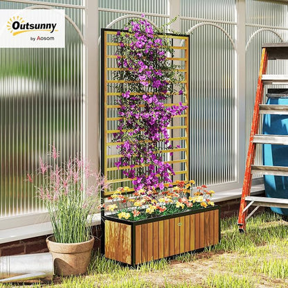 Outsunny Wooden Raised Garden Bed with Trellis, Removable Pots, Drainage Holes for Climbing Vines, Vegetables, Flowers, Raised Planter Box for Backyard, Patio, Balcony, 29 x 11 x 52 in., Teak